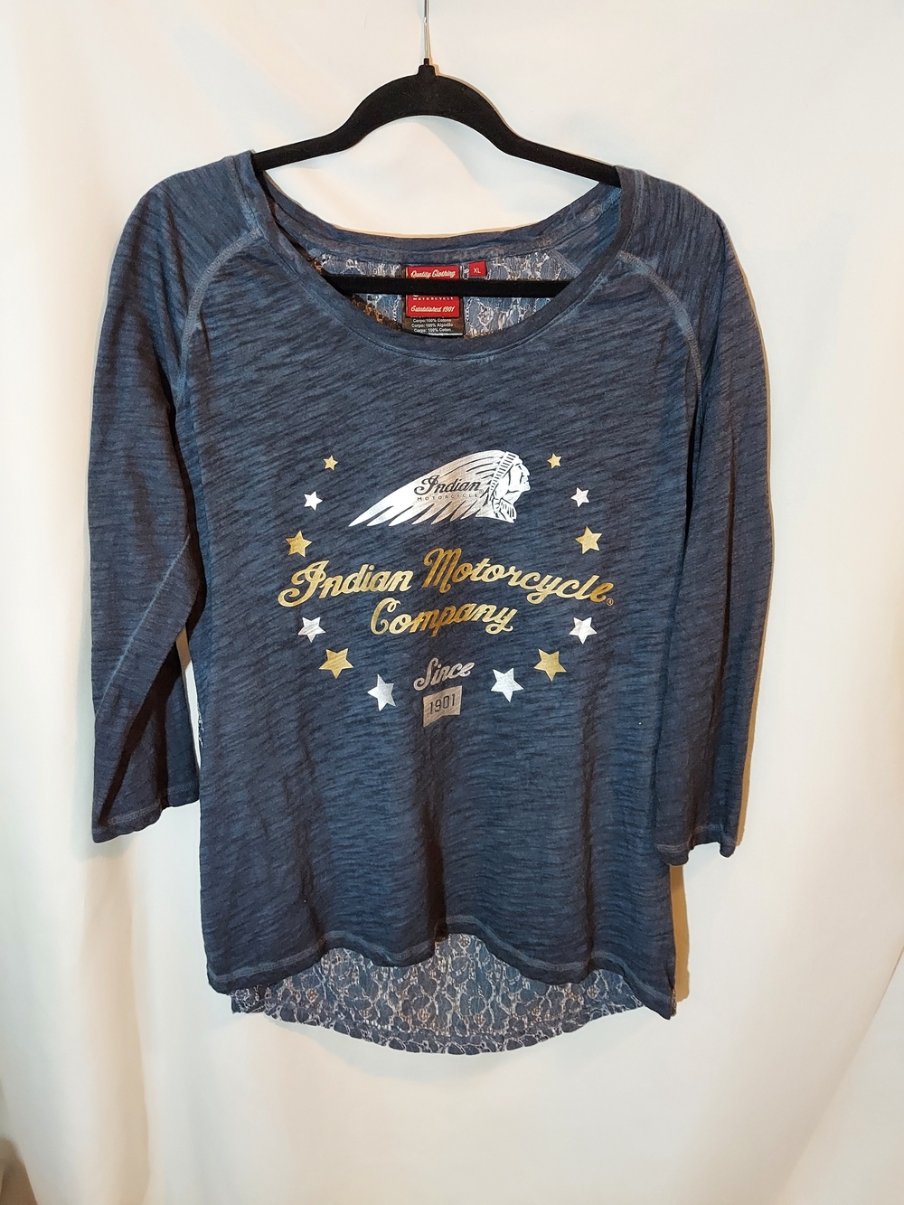 Indian Motorcycle Women's 3/4 Raglan Sleeve Lace Back Graphic Tee Blue XL